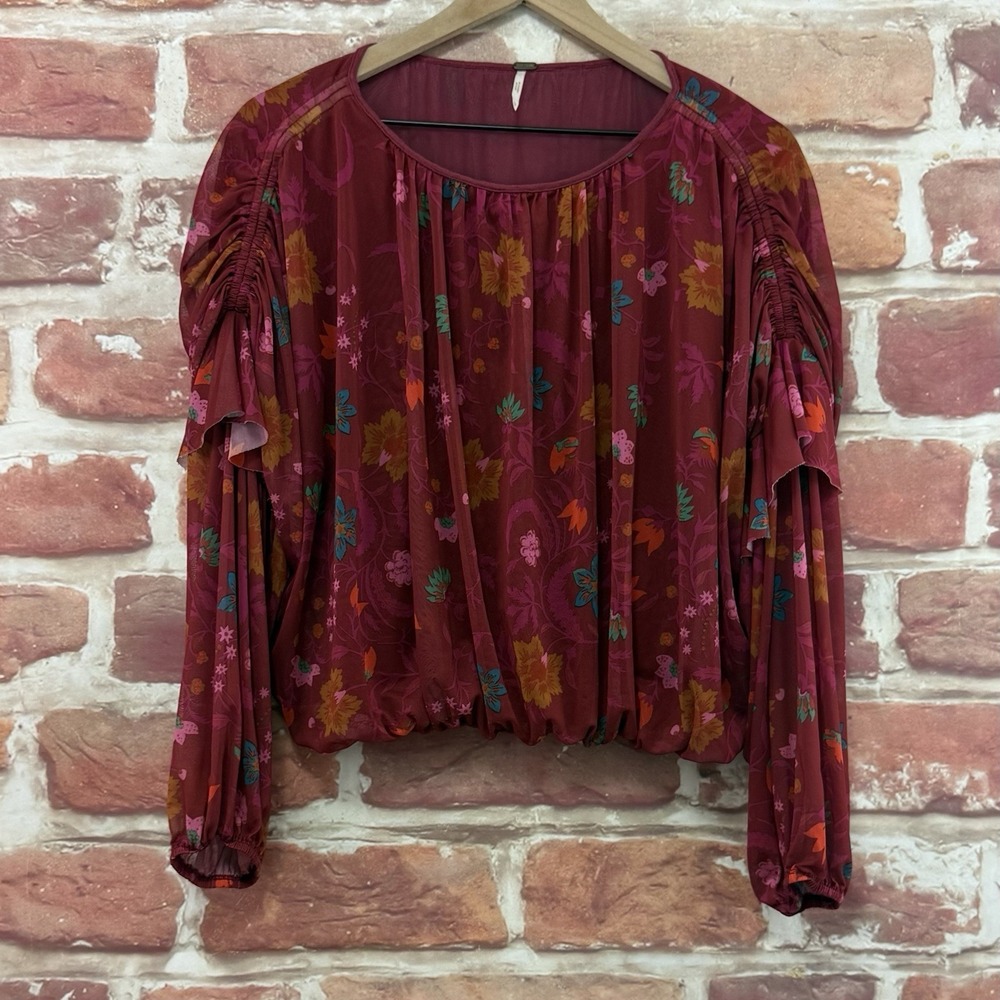 Free People Top Wildflower Honey Women's XS Red Multicolor Boho Floral Shirt